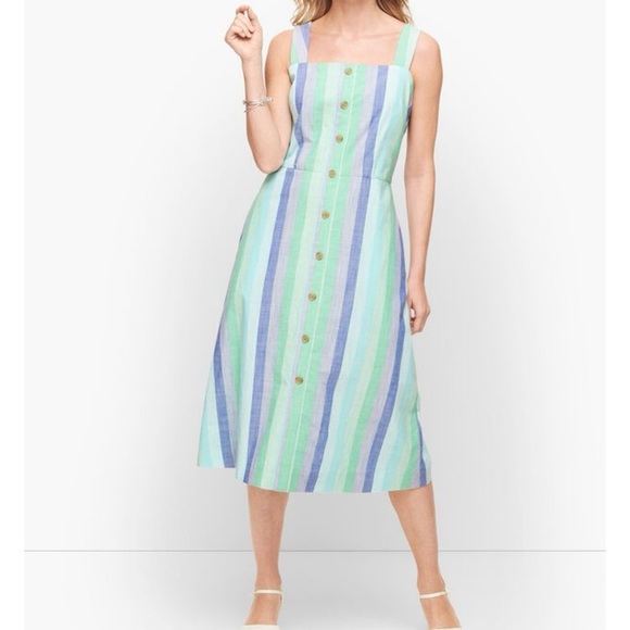 Talbots Size 4 Blue Green Stripe Fit & Flare Summer Tank Dress Pockets Easter - Picture 1 of 11